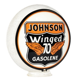 JOHNSON WINGED 70 GASOLENE SINGLE 13.5" GLOBE LENS ON ORIGINAL WHITE RIPPLE GLASS BODY. 