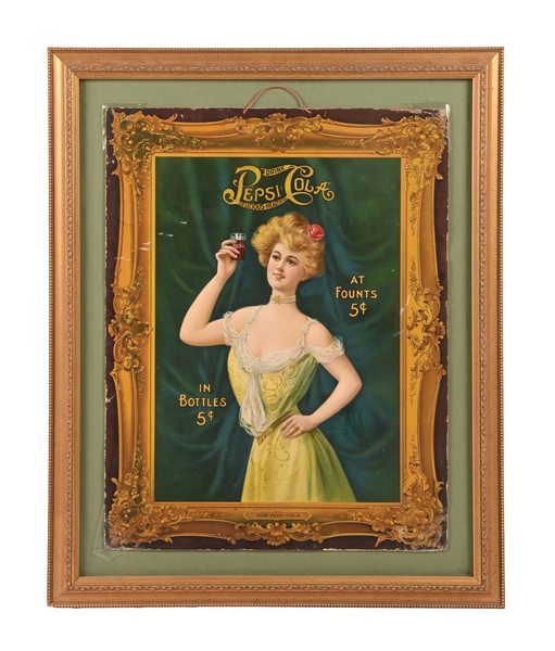 OUTSTANDING 5¢ "MISS PEPSI-COLA" SIGN W/ EARLY LOGO GRAPHIC