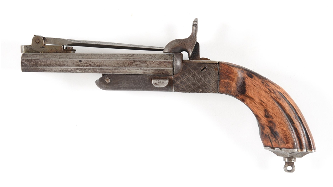(A) UNMARKED DOUBLE BARREL PINFIRE PISTOL WITH BAYONET.