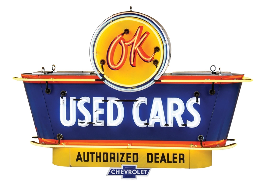 OK USED CARS COMPLETE PORCELAIN NEON SIGN W/ BULLNOSE ATTACHMENTS