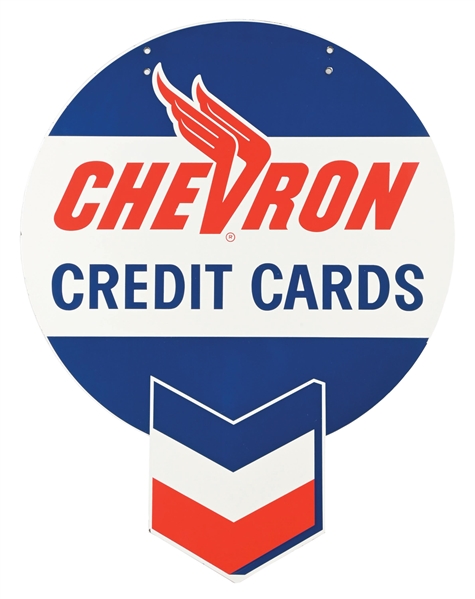 OUTSTANDING CHEVRON CREDIT CARDS PORCELAIN SERVICE STATION SIGN
