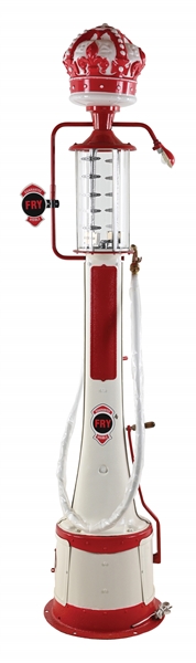 FRY 5 GALLON VISIBLE GAS PUMP RESTORED IN CROWN GASOLINE