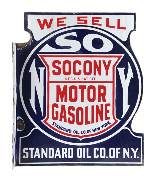 WE SELL SOCONY MOTOR GASOLINE PORCELAIN FLANGE SIGN
