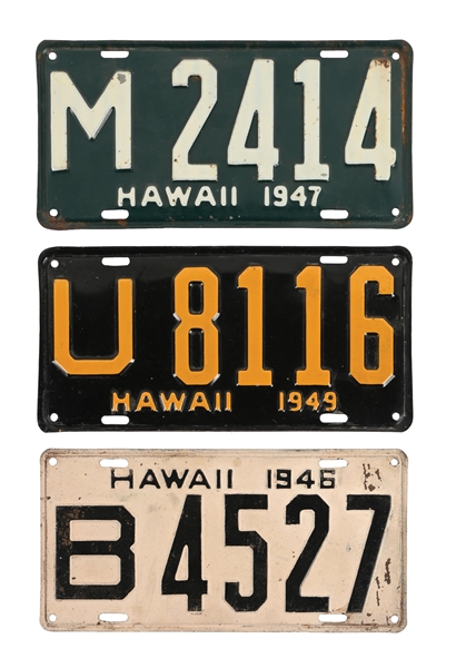 COLLECTION OF 3: 1946, 1947, & 1949 HAWAII EMBOSSED TIN LICENSE PLATES 