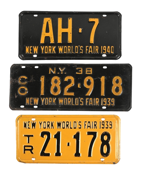 SET OF 3: NEW YORK WORLDS FAIR EMBOSSED TIN AUTOMOTIVE LICENSE PLATES