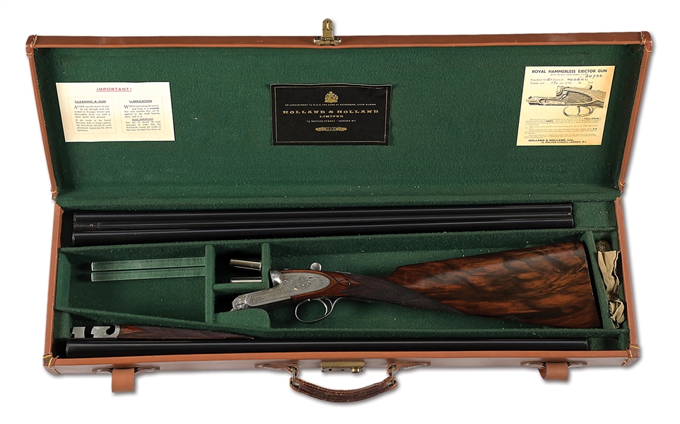 (C) CASED HOLLAND & HOLLAND ROYAL NO. 2 GRADE 12 BORE SIDE BY SIDE SHOTGUN 2 BARREL SET.