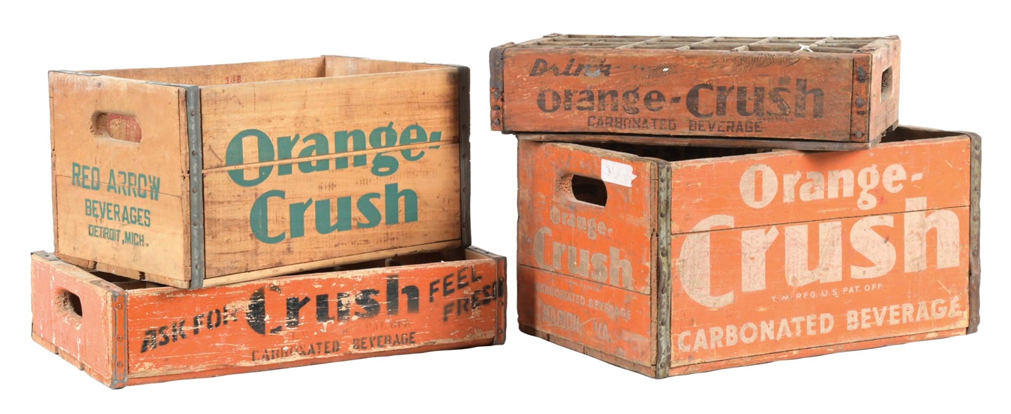 COLLECTION OF 4 ORANGE CRUSH WOODEN BOTTLE CRATES
