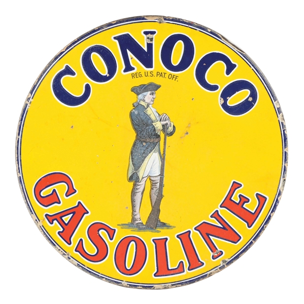 CONOCO GASOLINE PORCELAIN SIGN W/ MINUTEMAN SOLDIER GRAPHIC