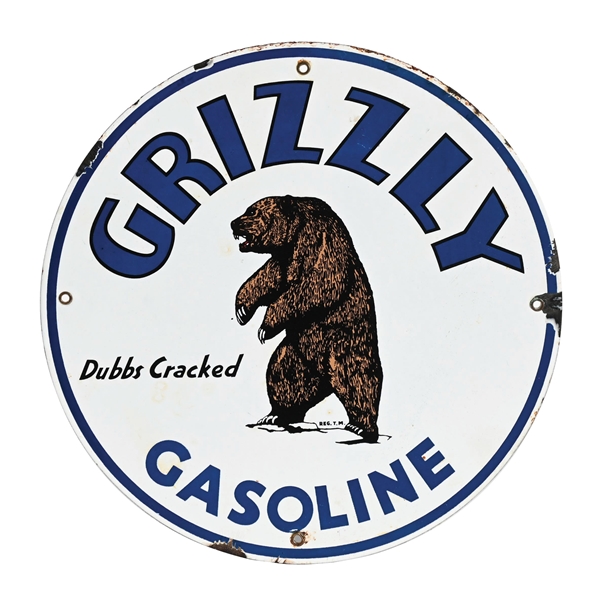 GRIZZLY GASOLINE PORCELAIN PUMP PLATE SIGN W/ BEAR GRAPHIC
