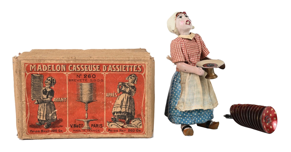 FRENCH PRE-WAR FEE. B & C WIND-UP TIN LITHO & COMPOSITION WOMAN FIGURE CARRYING TIN LITHO DISHES IN ORIGINAL BOX