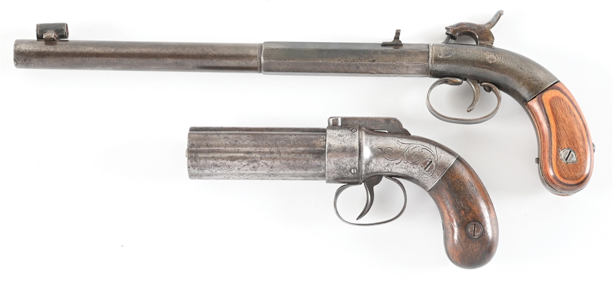 (A) LOT OF 2: ALLEN PERCUSSION TARGET PISTOL AND PEPPERBOX REVOLVER.