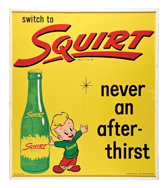 IMPRESSIVE SQUIRT SODA POP TIN BILLBOARD SIGN W/ ORIGINAL WOOD FRAME.