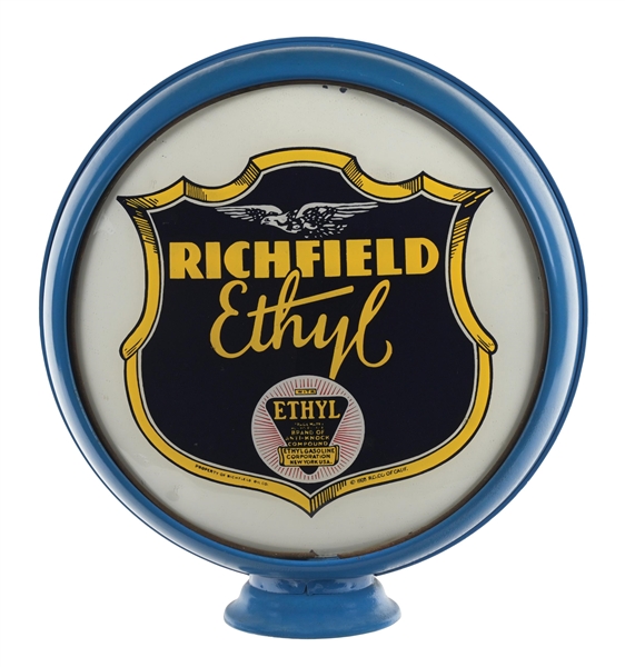 RICHFIELD ETHYL GASOLINE COMPLETE 15" GLOBE ON METAL HIGH PROFILE BODY.