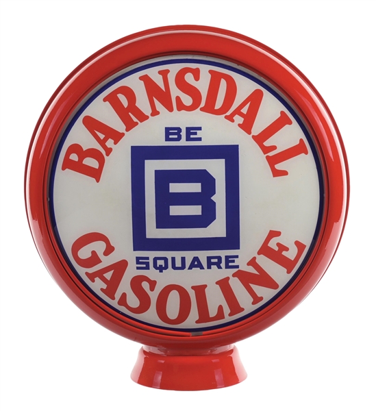 BARNSDALL GASOLINE "BE SQUARE" COMPLETE 13.5" GLOBE ON METAL BODY.