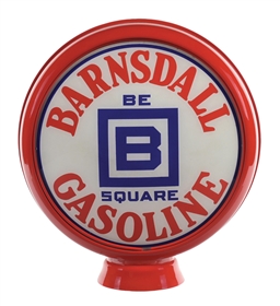 BARNSDALL GASOLINE "BE SQUARE" COMPLETE 13.5" GLOBE ON METAL BODY.