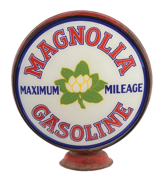 MAGNOLIA GASOLINE "MAXIMUM MILEAGE" COMPLETE 16.5" GLOBE ON LOW PROFILE METAL BODY.