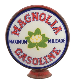 MAGNOLIA GASOLINE "MAXIMUM MILEAGE" COMPLETE 16.5" GLOBE ON LOW PROFILE METAL BODY.