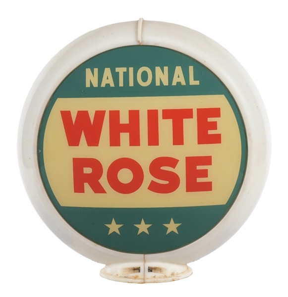 NATIONAL WHITE ROSE GASOLINE COMPLETE 13.5" GLOBE ON CAPCO BODY.