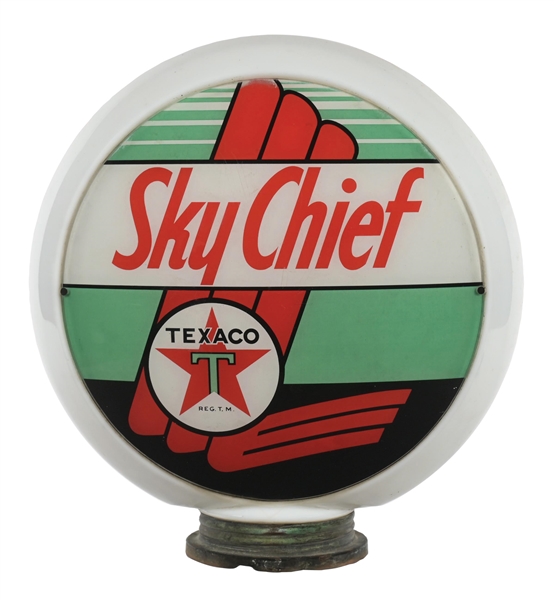TEXACO SKY CHIEF GASOLINE COMPLETE 13.5" GLOBE ON GLASS BODY W/ SCREW BASE.