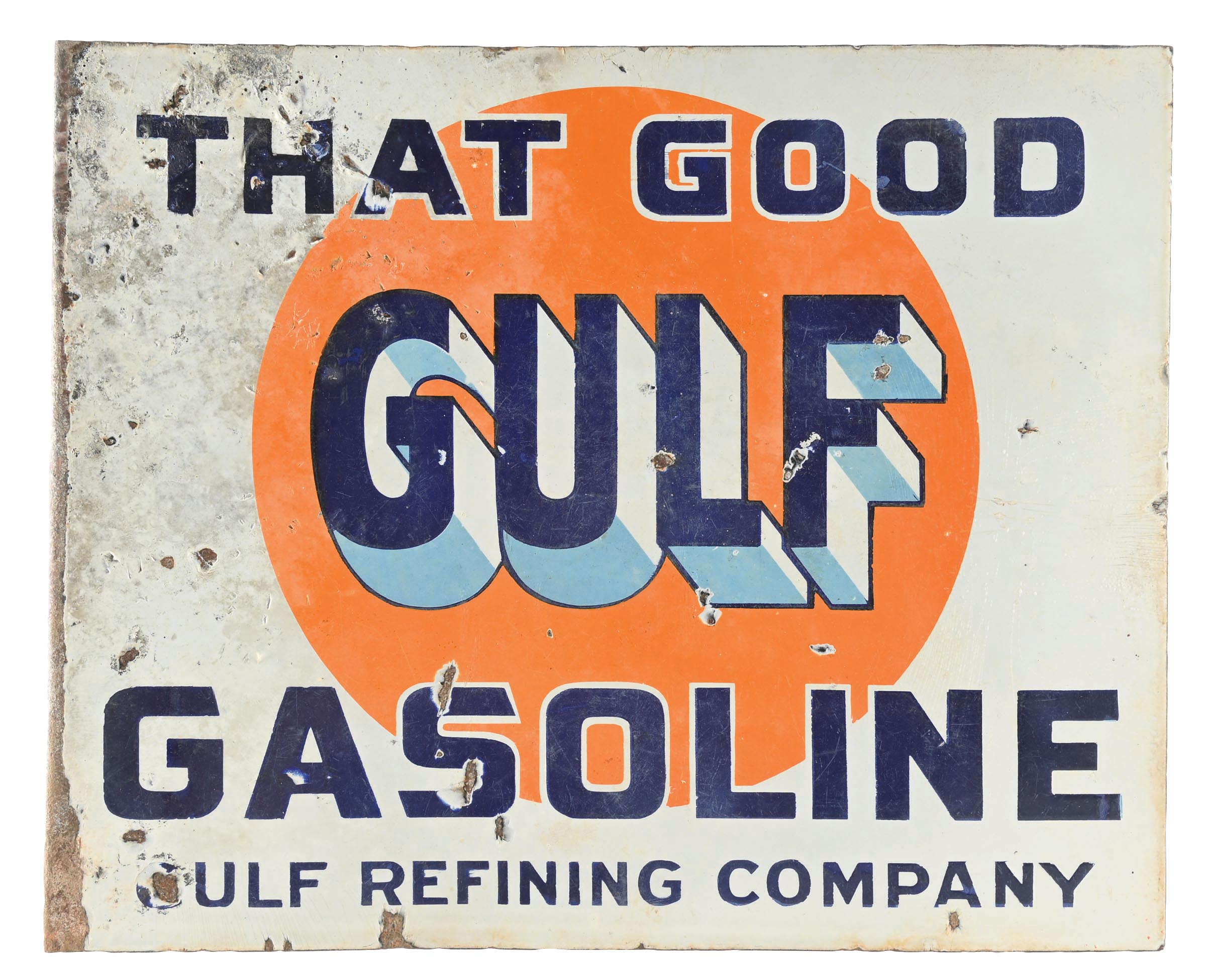 Lot Detail - THAT GOOD GULF GASOLINE PORCELAIN FLANGE SIGN.