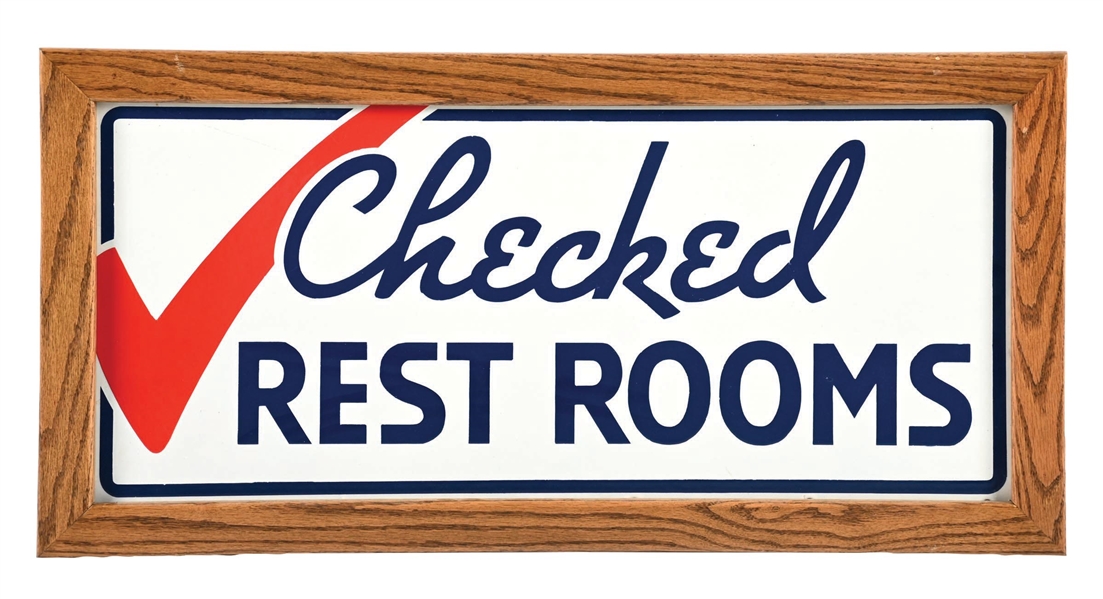 Room Check Sign Lot Detail - CHECKED REST ROOMS PORCELAIN SIGN W/ ADDED OAK FRAME.