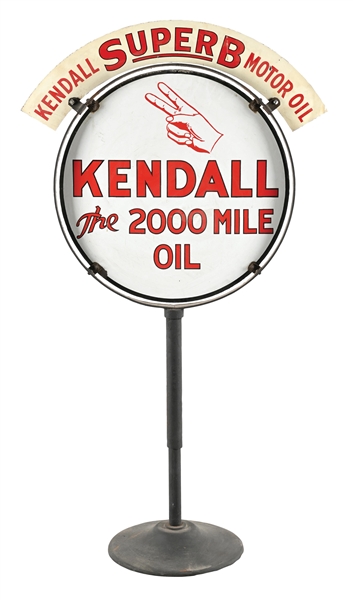 KENDALL THE 2000 MILE OIL PORCELAIN LOLLIPOP SIGN W/ TIN TOPPER SIGN.