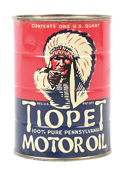 TIOPET MOTOR OIL 1 QUART CAN W/ NATIVE AMERICAN GRAPHIC.
