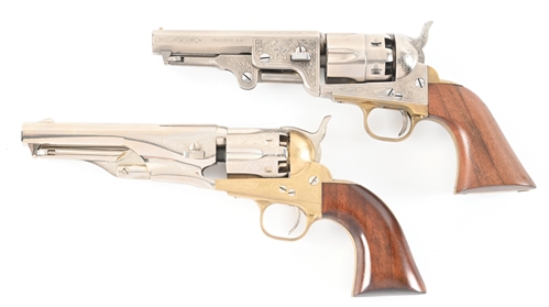 (A) LOT OF 2 BLACK POWDER SINGLE ACTION PERCUSSION REVOLVERS.
