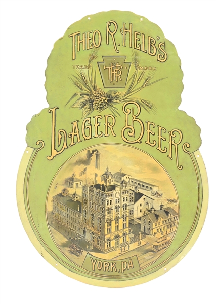 THEO R. HELBS LAGER BEER FACTORY SCENE DIE-CUT TIN LITHO SIGN