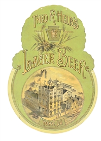 THEO R. HELBS LAGER BEER FACTORY SCENE DIE-CUT TIN LITHO SIGN