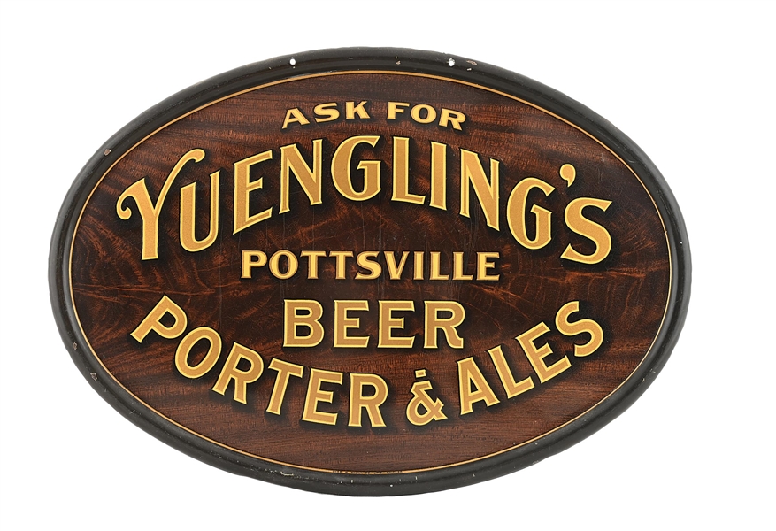 YUENGLINGS BEER, PORTER, AND ALES WOOD GRAIN TIN LITHOGRAPH HANGING SIGN