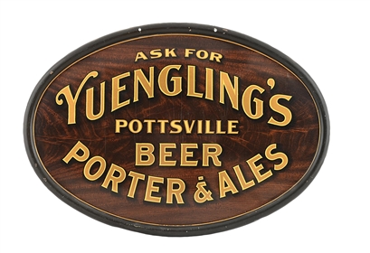 YUENGLINGS BEER, PORTER, AND ALES WOOD GRAIN TIN LITHOGRAPH HANGING SIGN