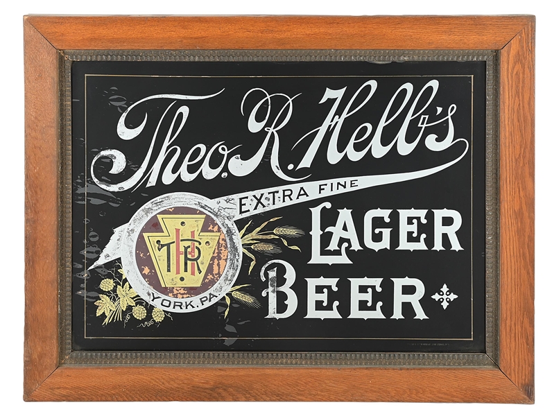 THEO. R. HELBS LAGER BEER REVERSE GLASS SIGN