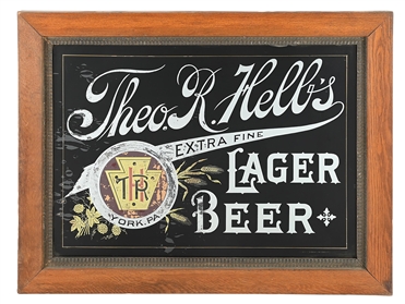THEO. R. HELBS LAGER BEER REVERSE GLASS SIGN
