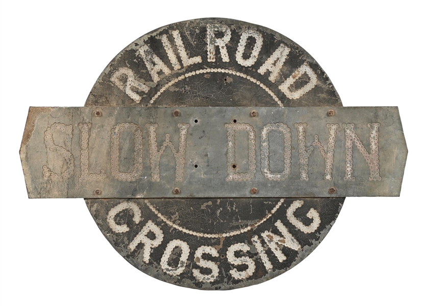 Lot Detail - SLOW DOWN RAILROAD CROSSING DRILLED IRON SIGN