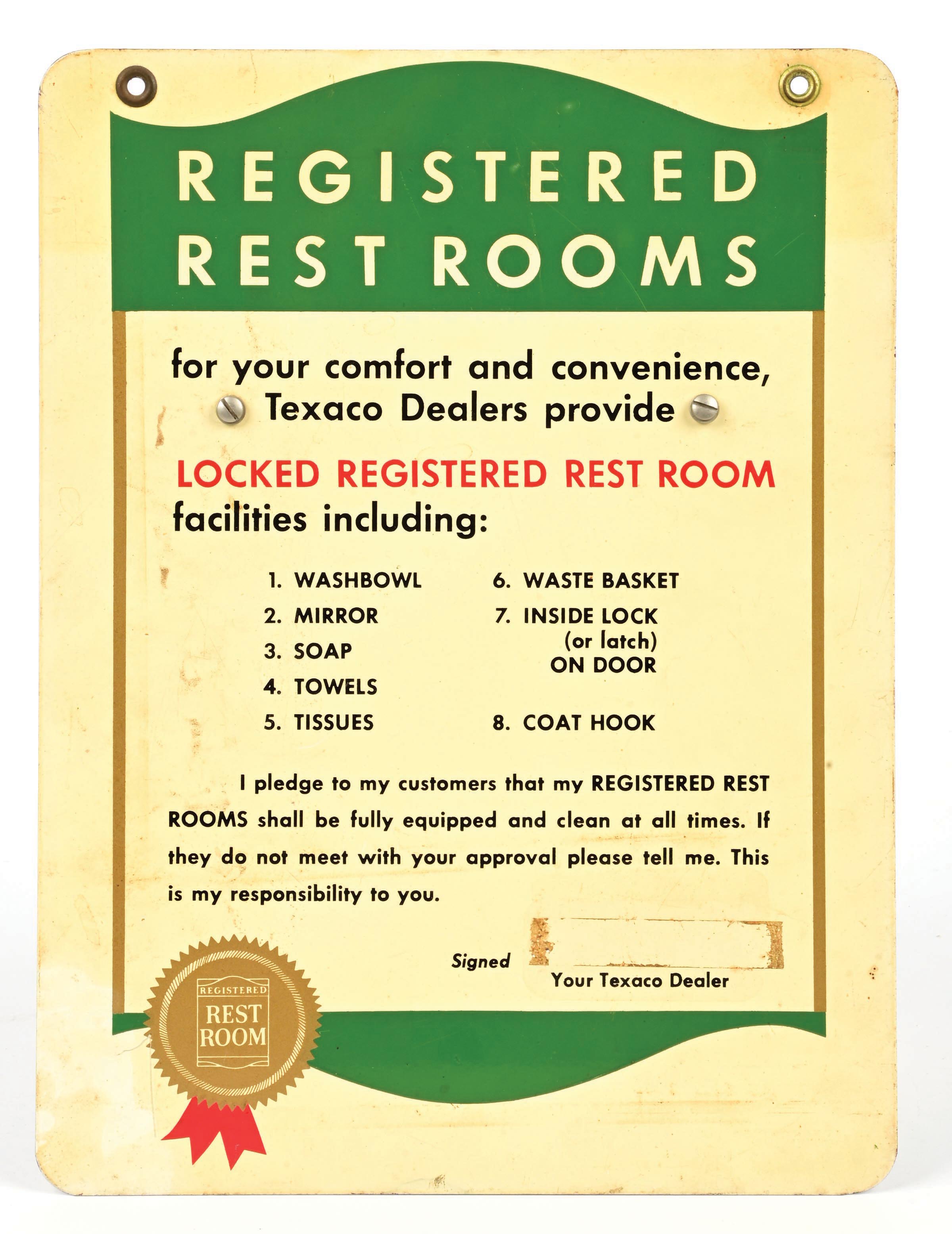 Rest Roon Signages Lot Detail - TEXACO REST ROOMS TIN SIGN WITH