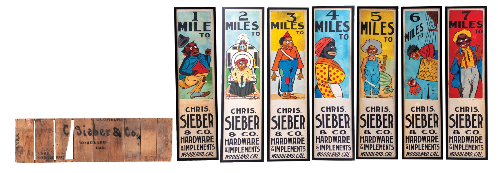 COMPLETE SET OF 7 ITHICA TIN MILEAGE SIGNS FOR SIEBER HARDWARE WITH THE ORIGINAL CRATE