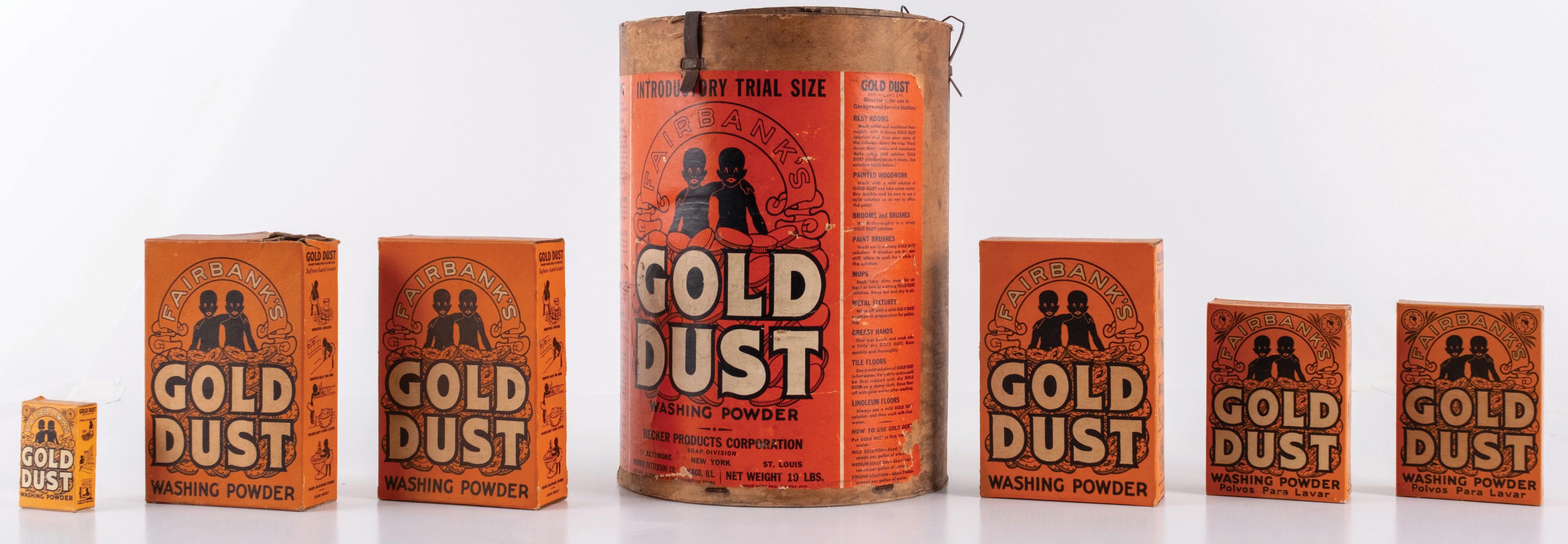 Metal Dust Container Label Lot Detail - COLLECTION OF 7 FAIRBANKS GOLD DUST CONTAINERS
