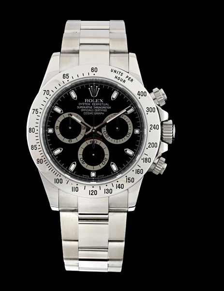 STAINLESS STEEL ROLEX DAYTONA WRISTWATCH W/ CARD, REF. 116520