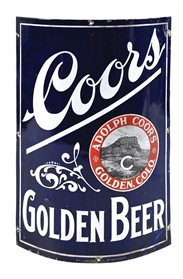 ADOLPH COORS BREWING CO. COORS GOLDEN BEER PORCELAIN CORNER SIGN