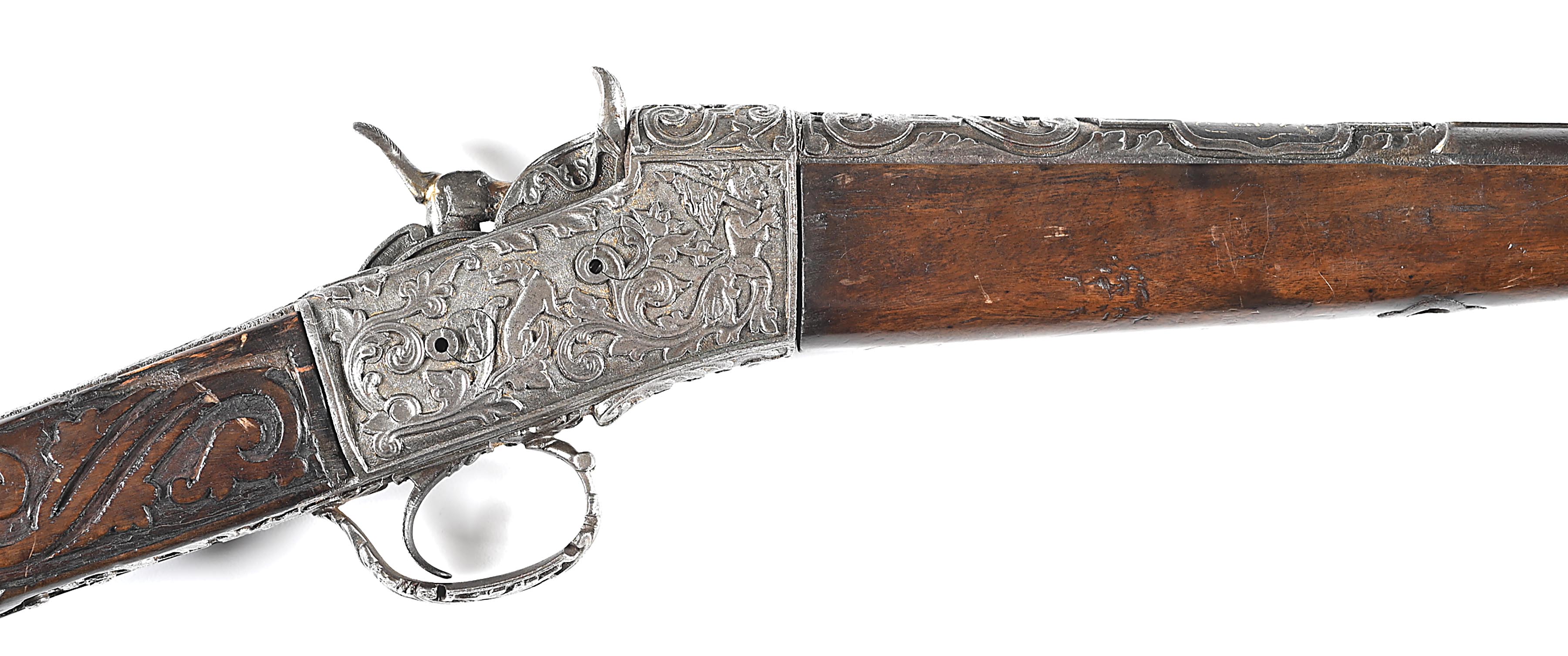 Rolly Block Riffle Lot Detail - (A) RELIEF ENGRAVED ROLLING BLOCK RIFLE WITH CARVED STOCK.
