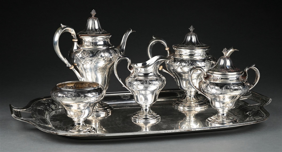 SET OF 7 BLACK, STAR & FROST STERLING SILVER SHELL & THREAD COFFEE/TEA SET NO. 7490