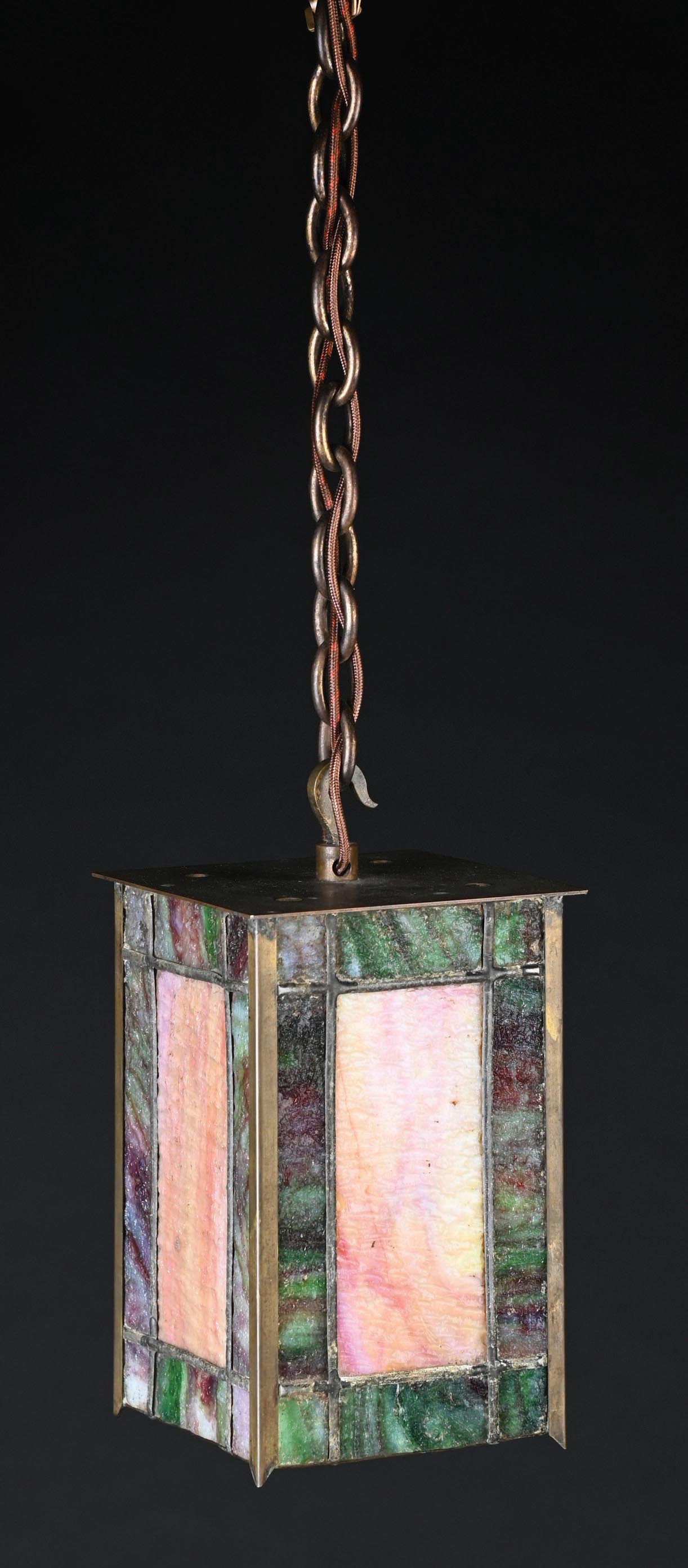 Lot Detail - SLAG GLASS ARTS & CRAFTS HANGING FIXTURE