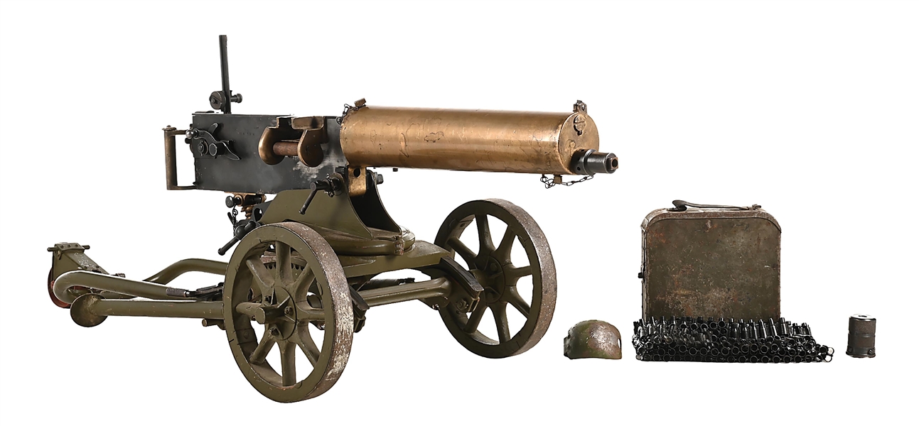 (N) TREMENDOUS BRASS IMPERIAL RUSSIAN MAXIM MODEL 1905 ON GERMAN MG-08 SIDEPLATE WITH EARLY "LEGGED" SOKOLOV MOUNT (CURIO & RELIC).