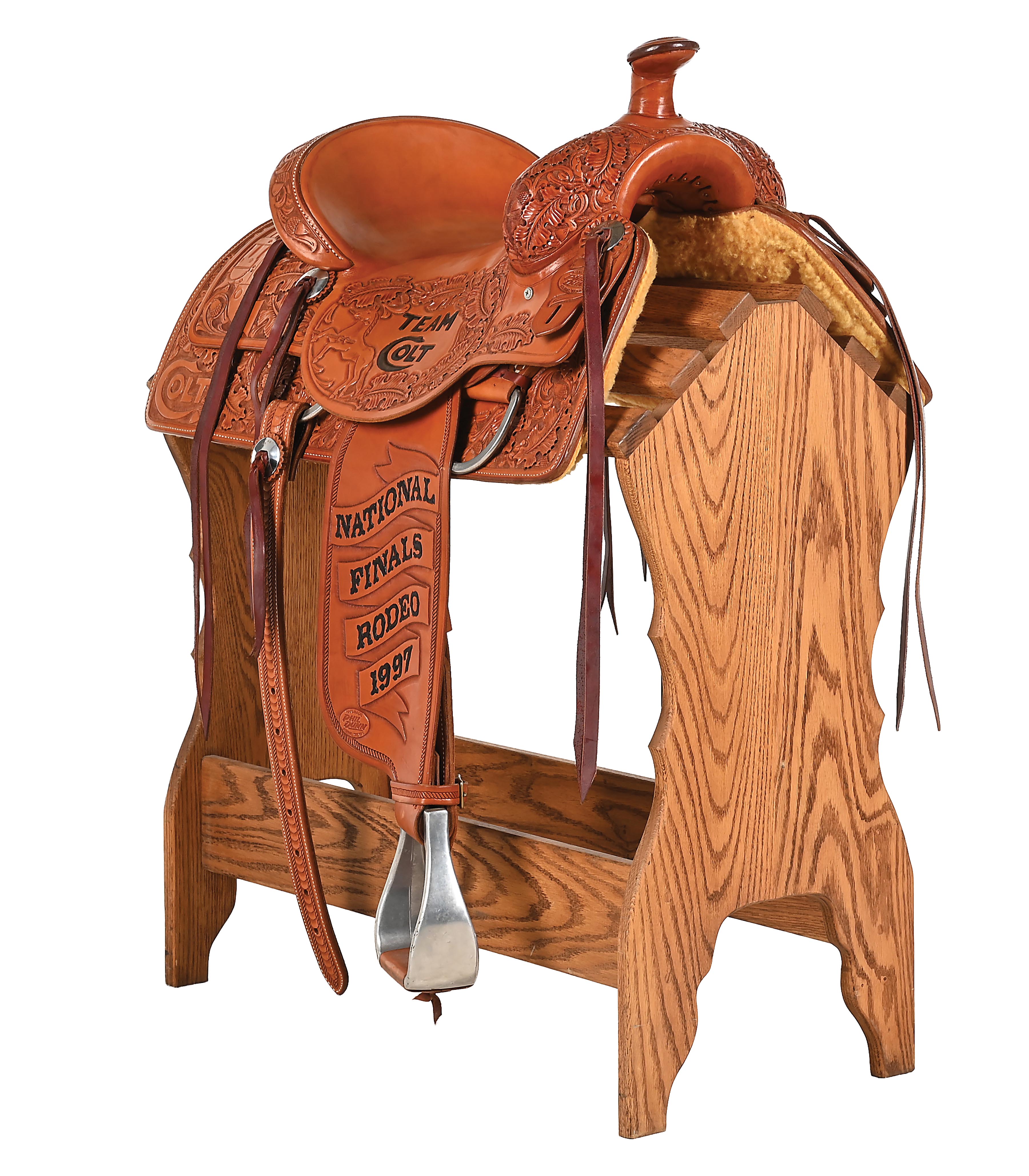 Lot Detail - 1997 HAND TOOLED TEAM COLT FACTORY DISPLAY RODEO SADDLE