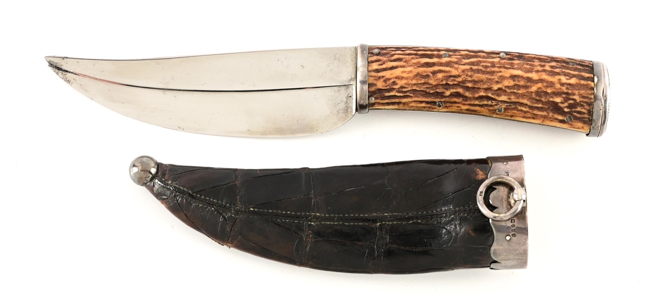 SMALL BOWIE KNIFE WITH SILVER MOUNTS AND MATCH SAFE VESTA.