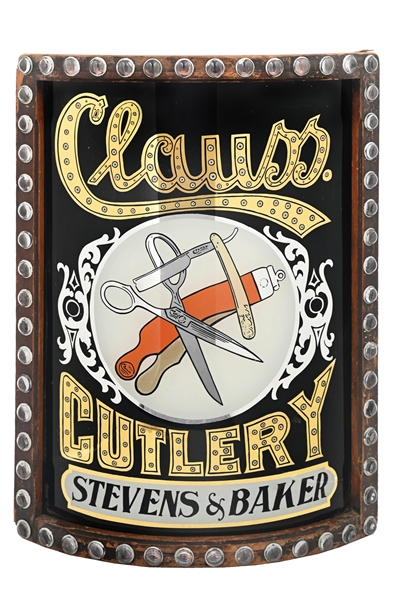 STEVENS & BAKER CLAUSS CUTLERY CURVED REVERSE GLASS PAINTED LIGHT UP SIGN