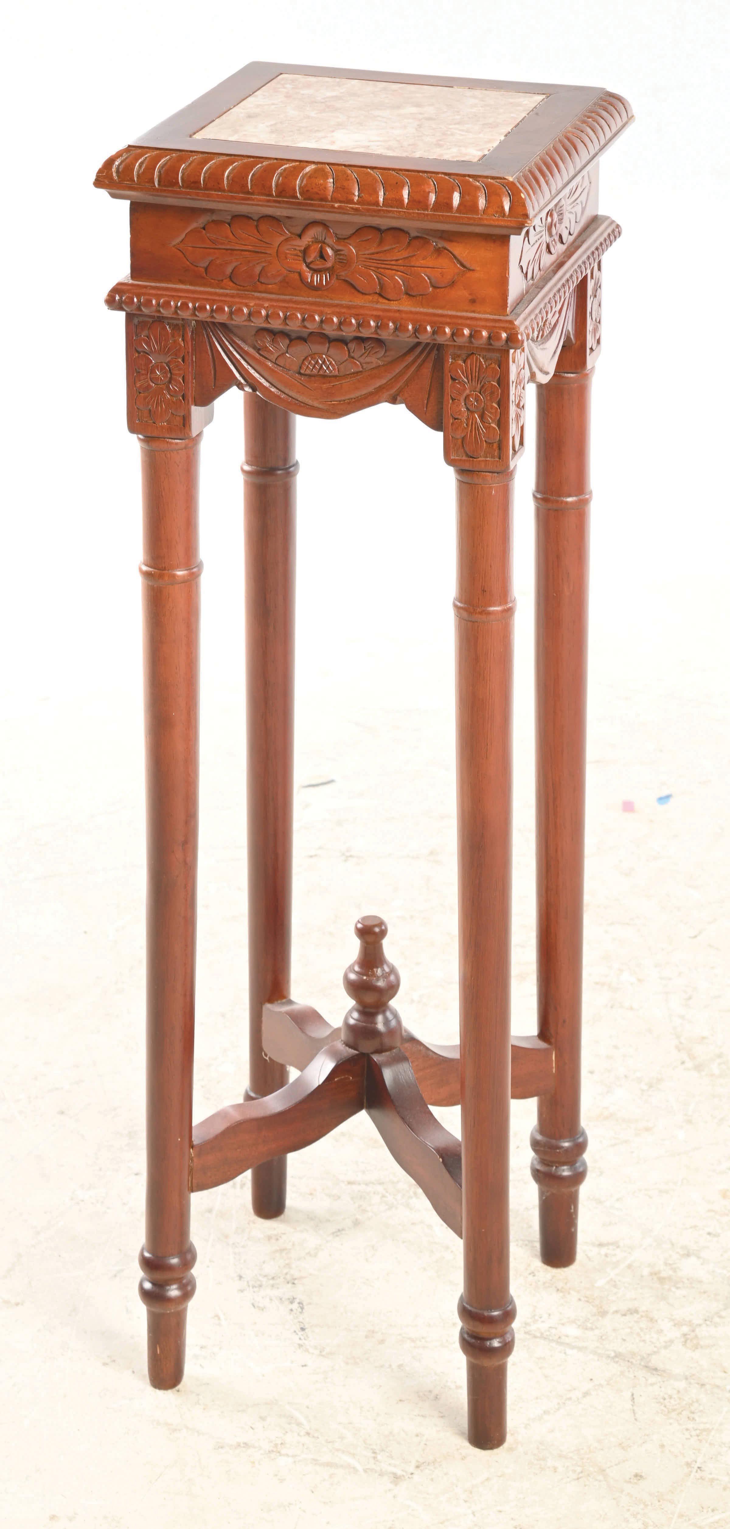 Lot Detail - TALL CARVED FLORAL MOTIF STAND WITH MARBLE INSERT TOP