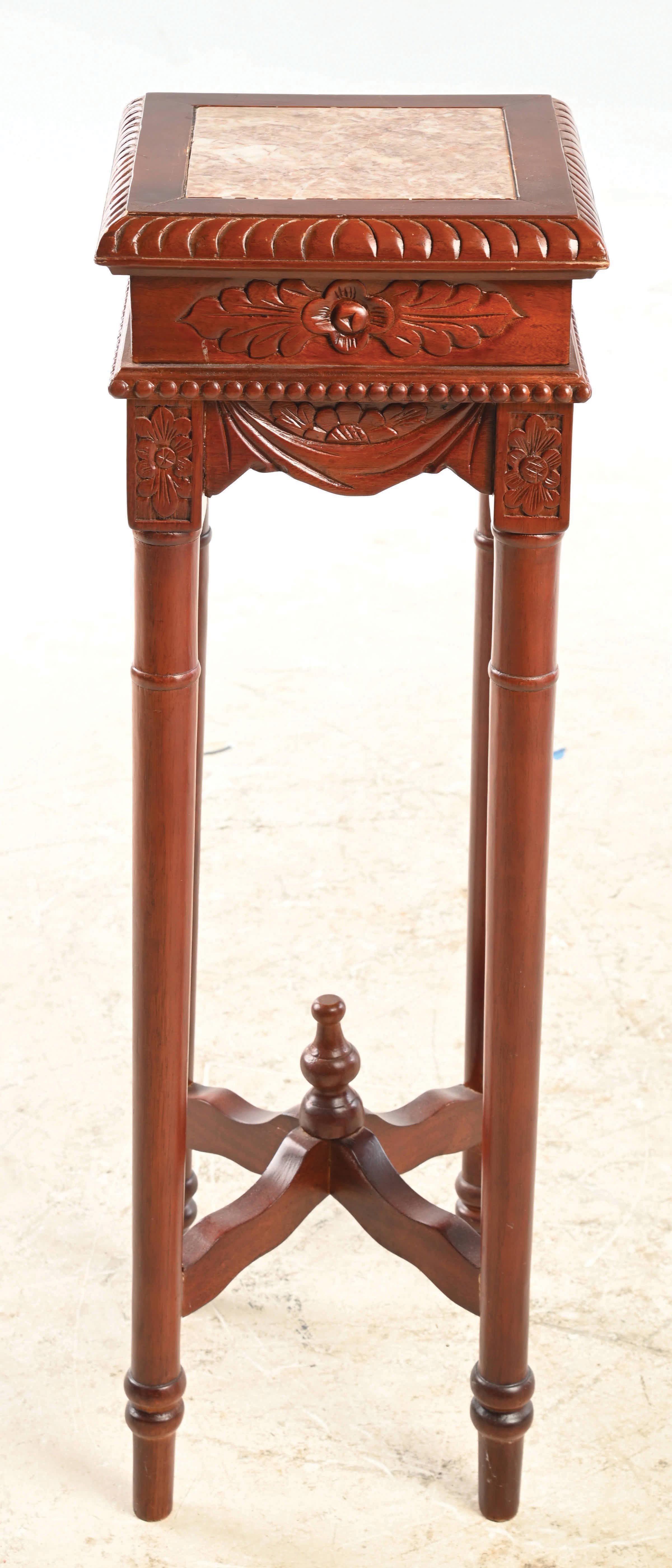 Lot Detail - TALL CARVED FLORAL MOTIF STAND WITH MARBLE INSERT TOP