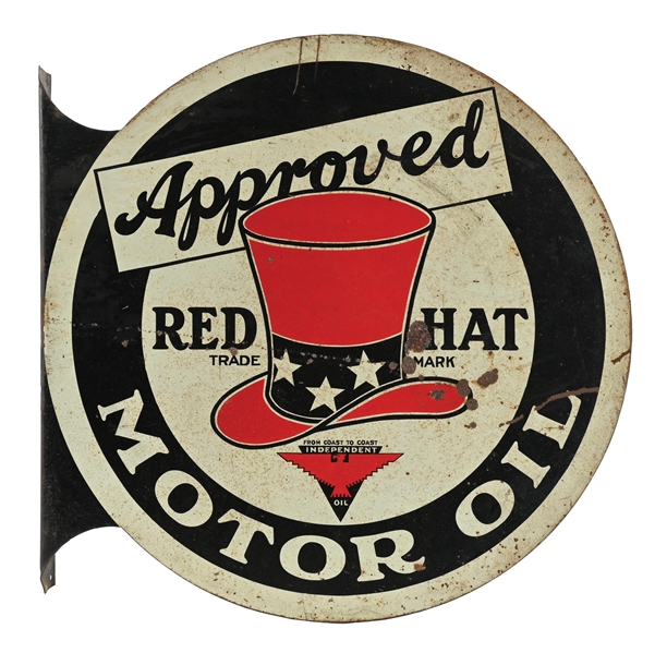 RED HAT MOTOR OIL TIN FLANGE SIGN W/ TOP HAT GRAPHIC 